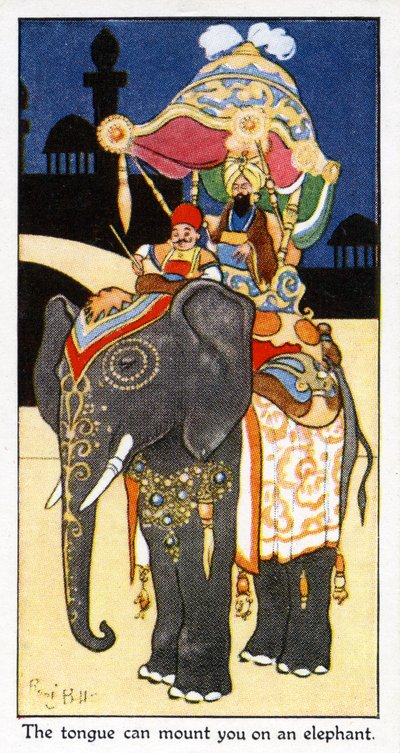 The tongue can mount you on an elephant: the tongue can behead you, 1931 by René Bull